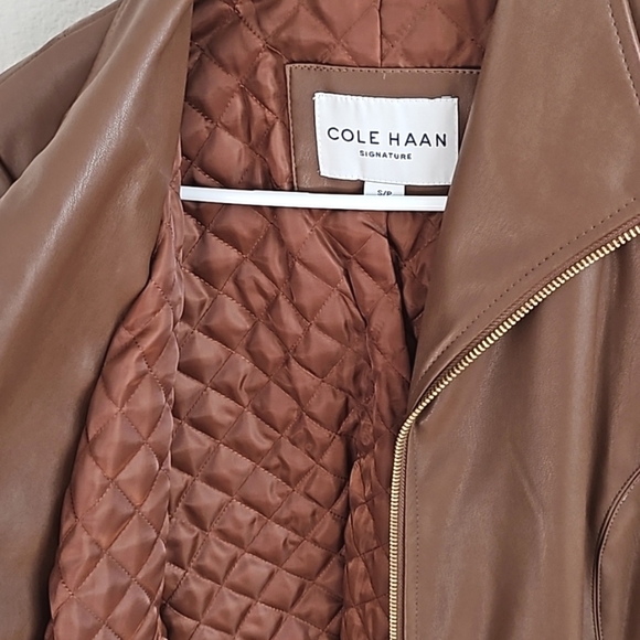 Cole Haan Wing Collar Brown Faux Leather Jacket - Picture 2 of 3